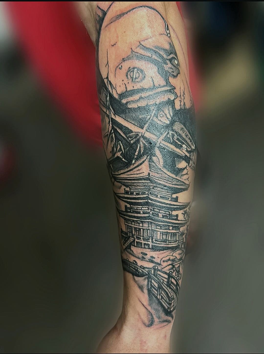 Black and Gray Samurai Unterarm Tattoo by Another Ink Nürnberg Tattoo Studio
